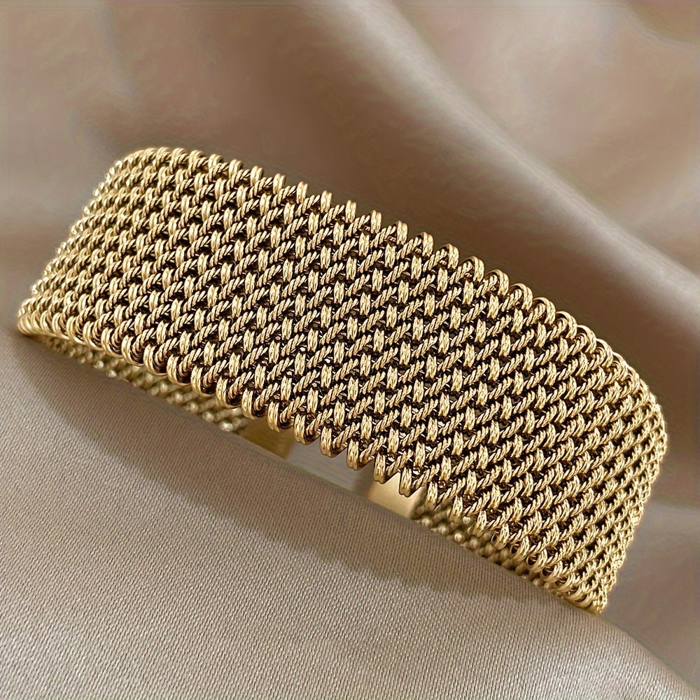 1pc Elegant 18K Golden Plated Titanium Steel Mesh Cuff Bangle - Luxury Open Bracelet for Women, Versatile Daily & Gift Wear Jewelry