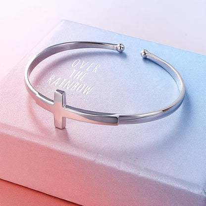 1pc Vintage Simple 925 Sterling Silver Cross Cuff Bracelet, July Birthstone, Valentine's Day Gift, All-Season Daily & Party Accessory with Elegant Polished Finish and Gift Box, Neutral, Graduation, Exquisite Polishing Craft